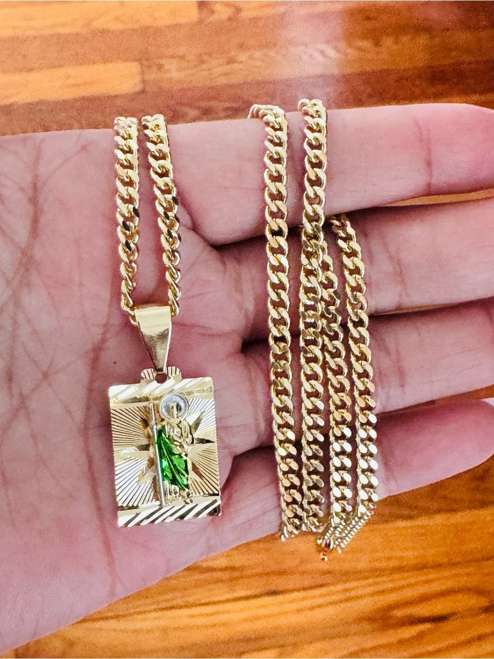 14K Gold Plated Green Accent Saint Jude Pendant Necklace. New